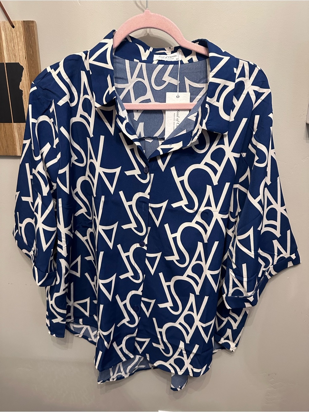 Button-Front Navy and White Graphic Print Blouse